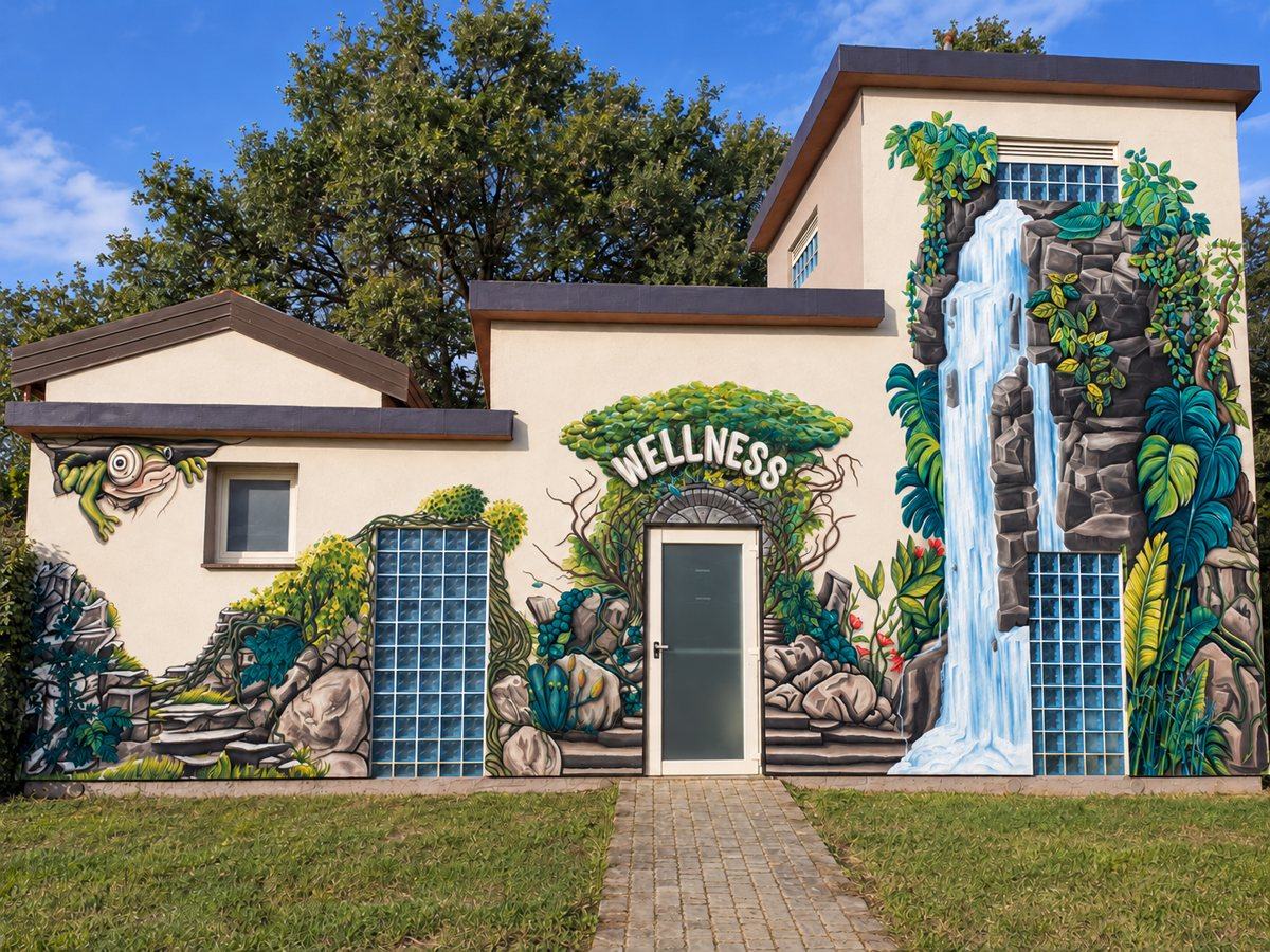 Murales con cascata, rocce e vegetazione tropicale dipinti sulla facciata dell'area wellness