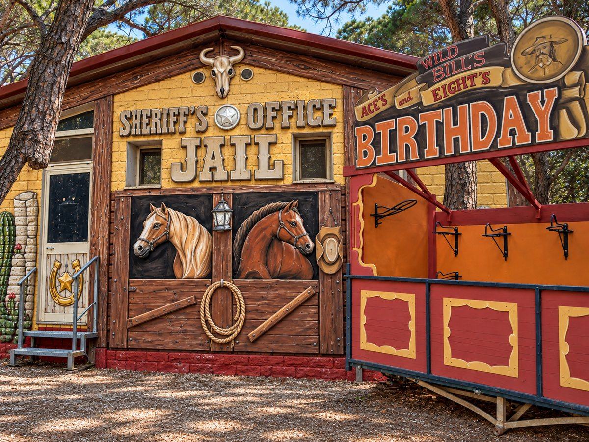 Area tematica western con ufficio dello sceriffo, prigione e stand per le feste di compleanno, decorati a mano