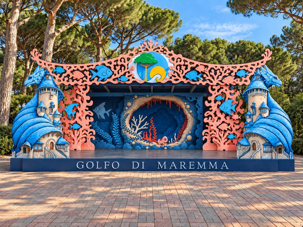 Palco del villaggio allestito a tema marino, con draghi, castelli, coralli e pesci scolpiti e dipinti
