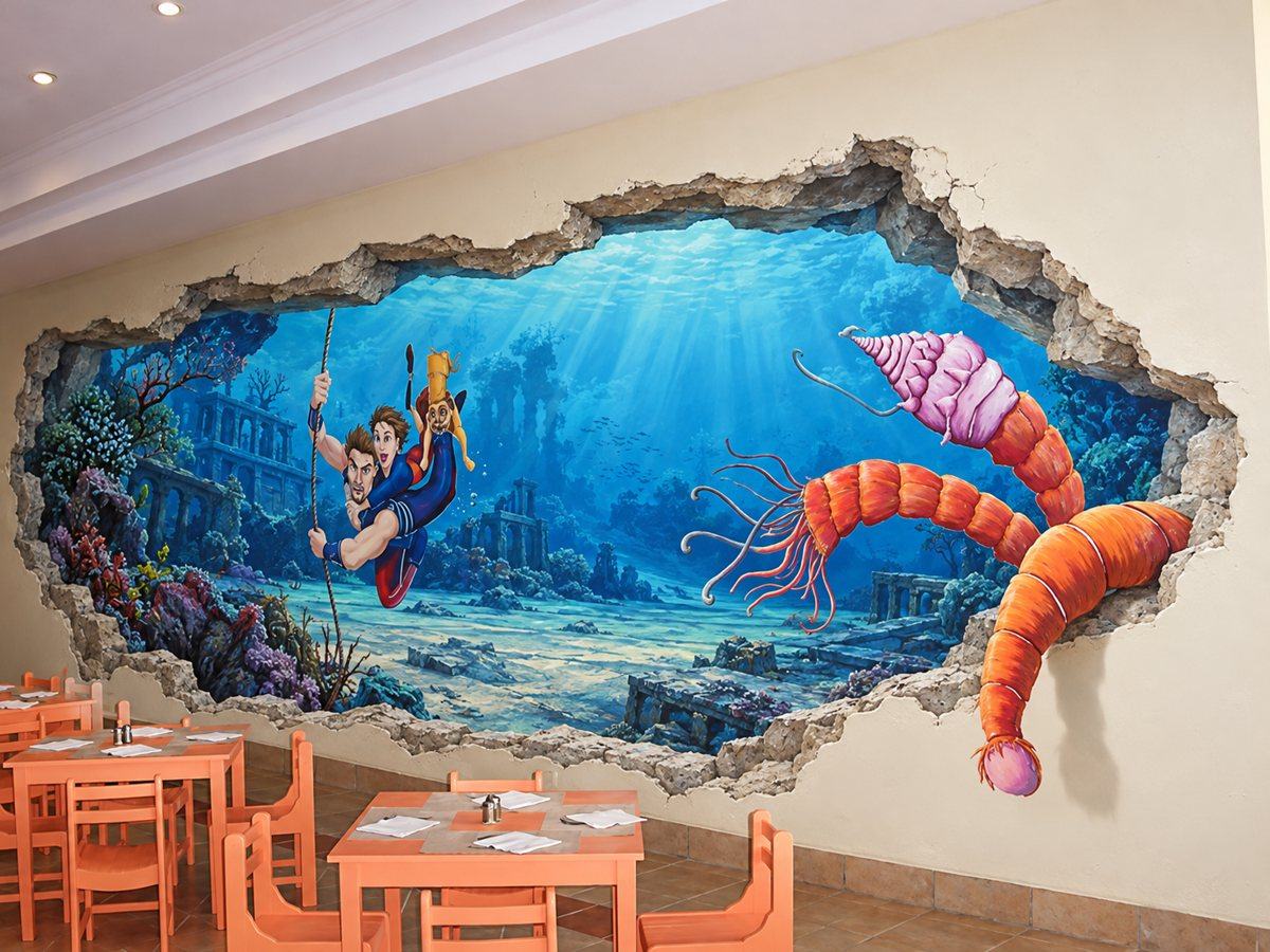 Mini restaurant per bambini con murales tridimensionale di un fondale marino che sfonda la parete, con esploratori e gamberi giganti