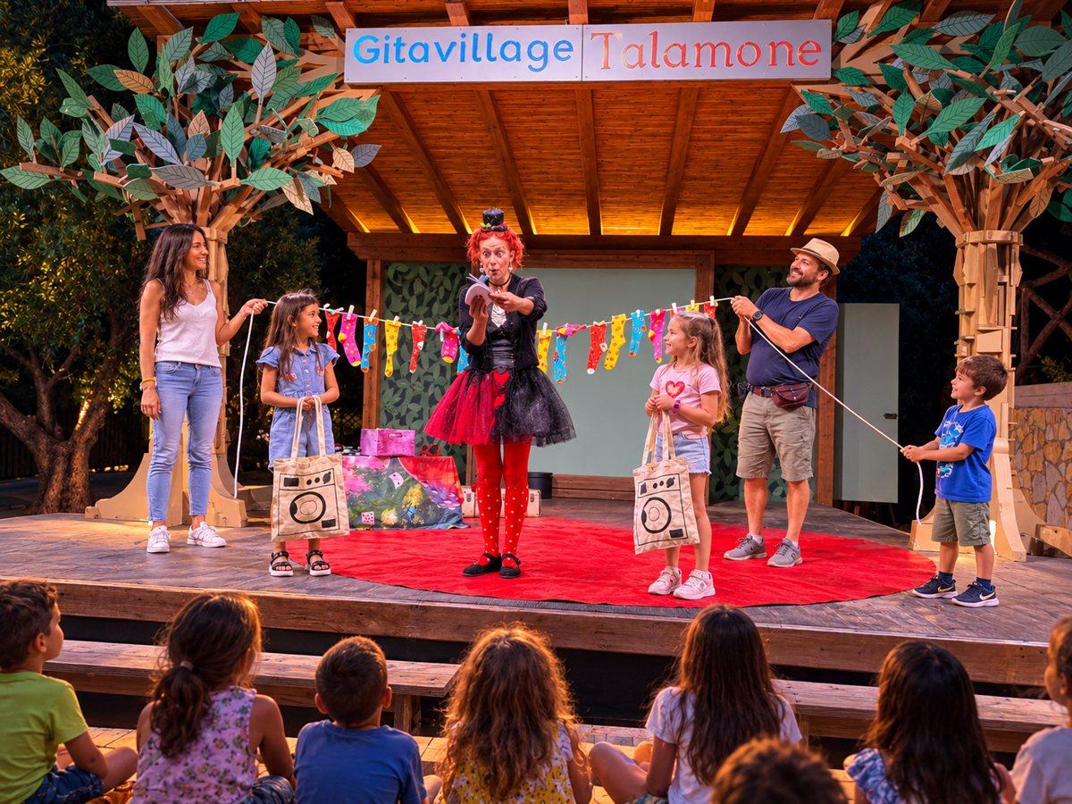 Clown sul palco del villaggio gioca con bambini e genitori, con il pubblico di bambini seduto davanti